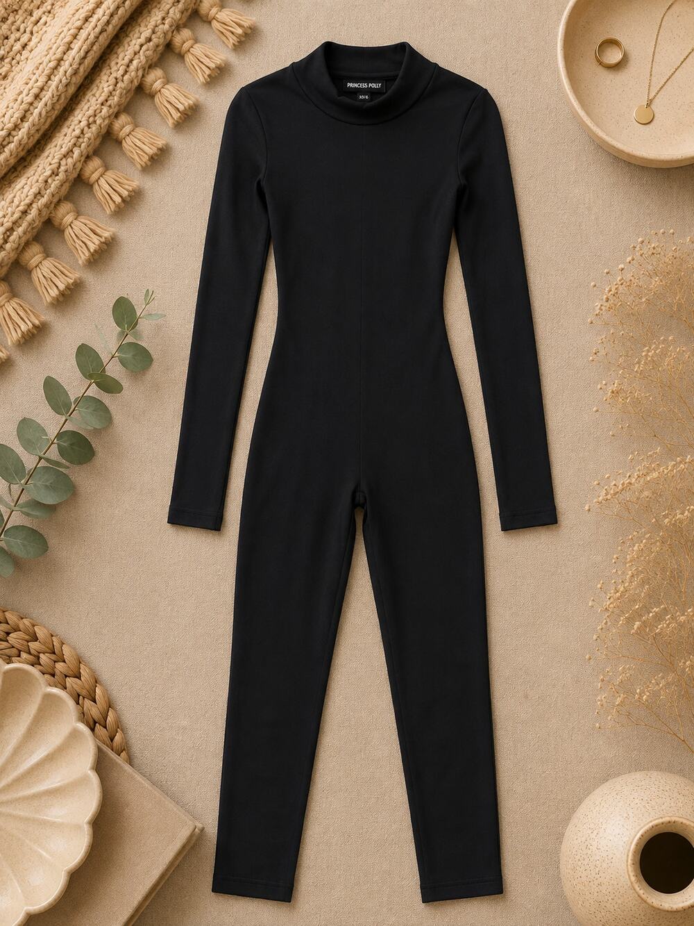 Adanola Long Sleeve Crewneck Body-Skimming Jumpsuit Black One Piece Size XS